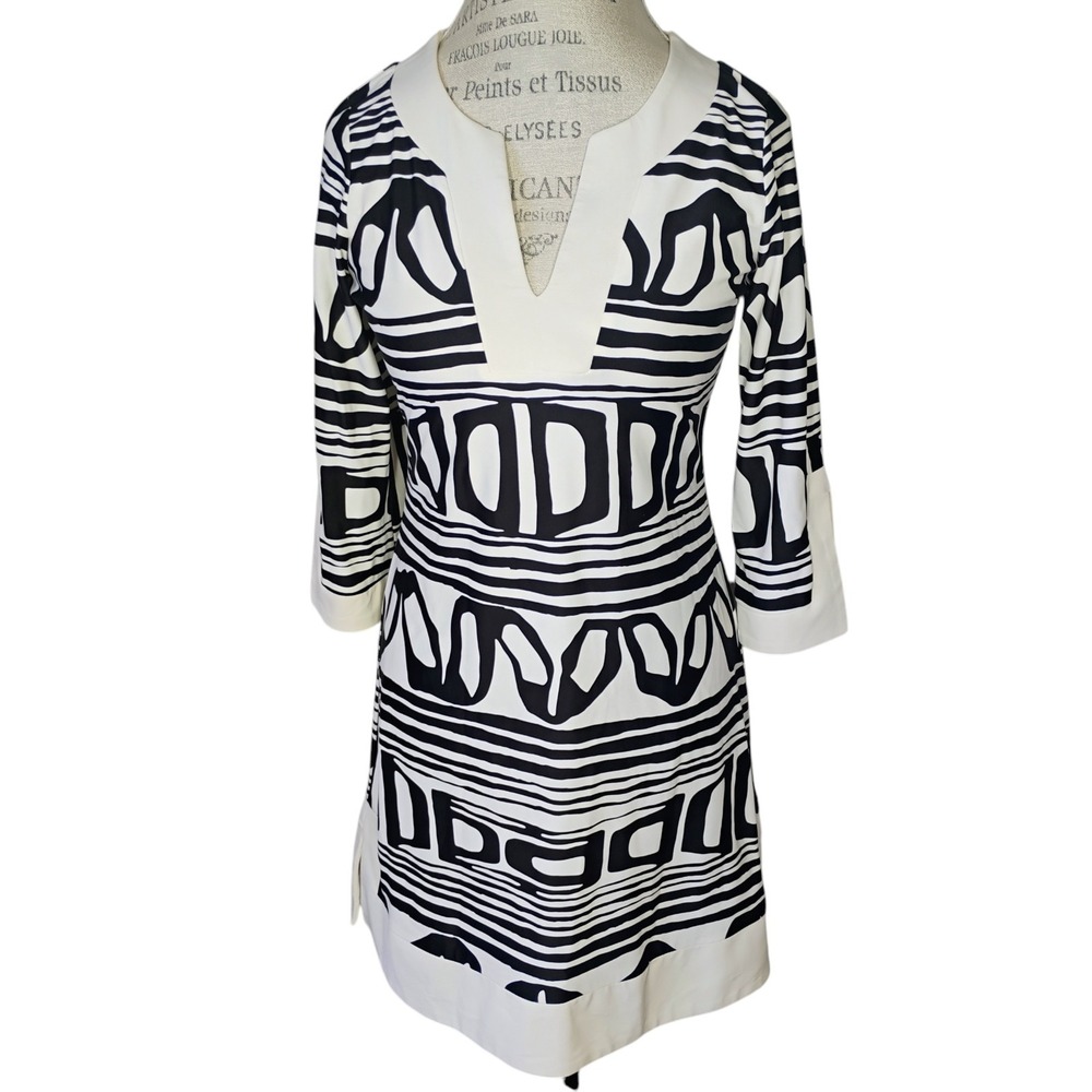 Jude Connally Tunic Shift Dress Womens Small White Blue Geometric 3/4 Sleeve